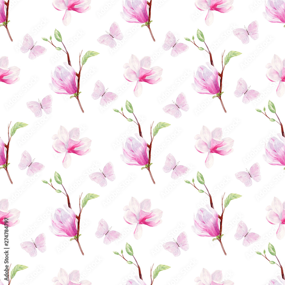 Butterflies and flowers hand drawn watercolor seamless pattern
