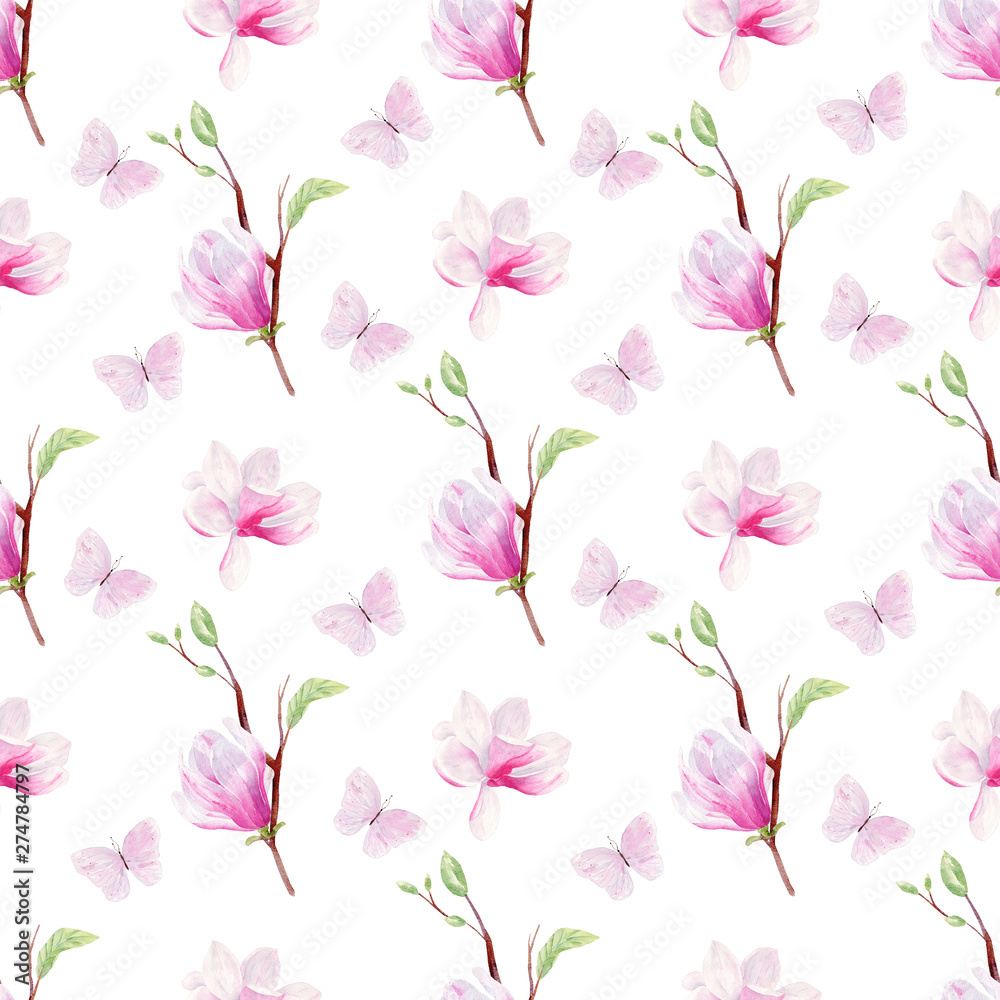 Fototapeta premium Butterflies and flowers hand drawn watercolor seamless pattern