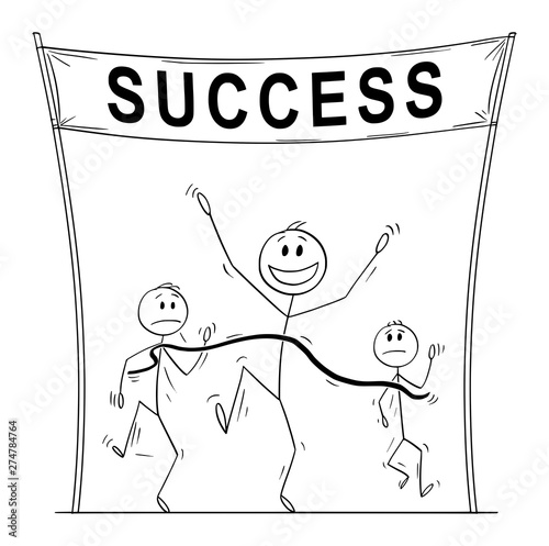 Vector cartoon stick figure drawing conceptual illustration of victorious man, who is first on the finish line of the race or rune and beating his slower business competitors.