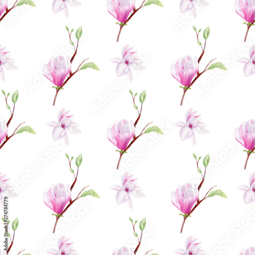 Magnolia tree branches hand drawn watercolor seamless pattern