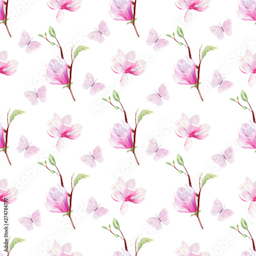 Butterflies and flowers hand drawn watercolor seamless pattern