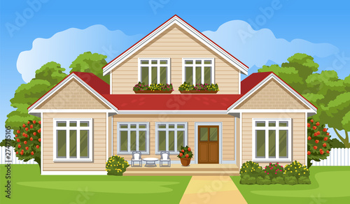 House with a lawn. Cartoon style background. Vector illustration.