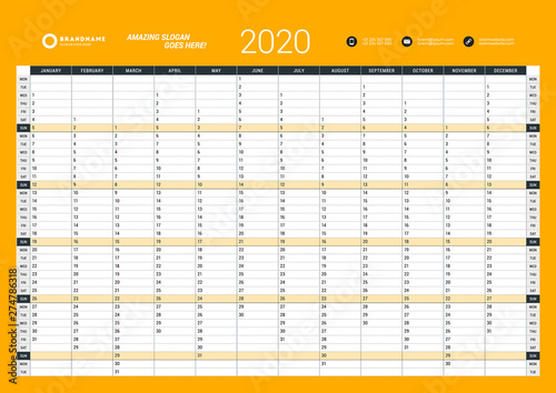 Wall calendar yearly planner template for 2020. Vector design print template. Week starts on Monday