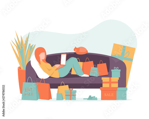 Girl lies on the sofa at home and buys products through a laptop online. Shopping concept flat illustration for web design, banner, mobile app, landing page. Flat vector illustration.