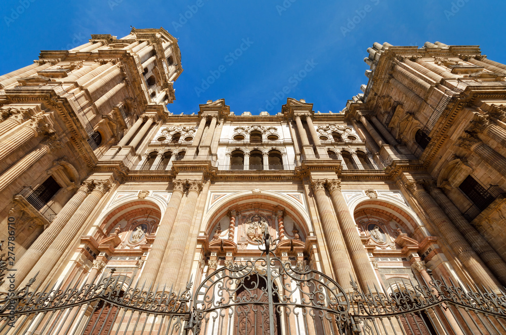 Detail of the facade of Malaga Cathedral, Malaga, Andalusia, Spain . 