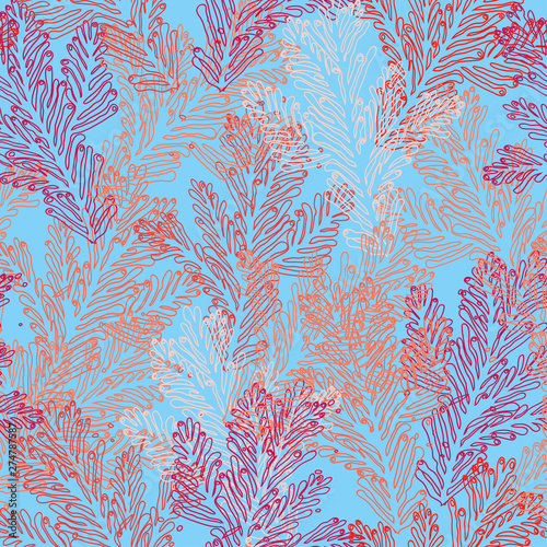 Vector seamless pattern with blue coral reef on lihgt blue background. Underwater Underwater Nautical doodles for textiles, pillow interior decoration, web page background, wrapping paper.