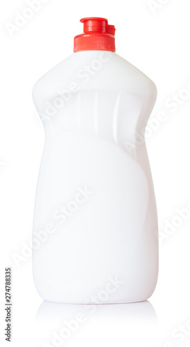 White plastic bottle of washing up liquid isolated on a white background. White container. HDPE plastic 2 photo