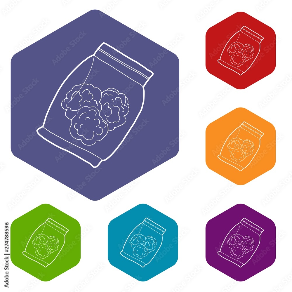 Small bag with buds of medical marijuana icons vector colorful hexahedron set collection isolated on white Small bag with buds of medical marijuana icons vector colorful hexahedron set collection isolated on white