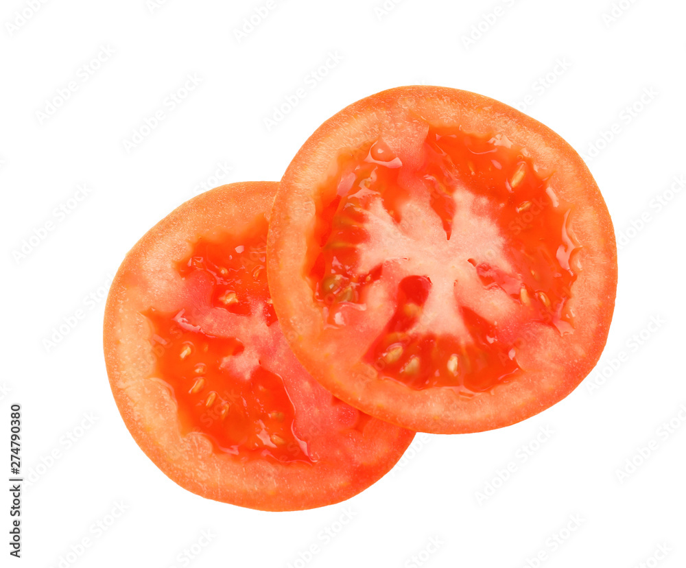 Slices of tomato for burger isolated on white, top view Slices of tomato for burger isolated on white, top view