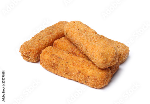 Pile of tasty cheese sticks isolated on white