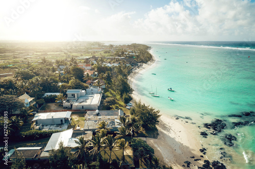 Aearial view of Belle Mare beaches, Mauritius.