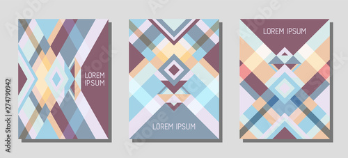Cover page layout vector template geometric design with triangles and stripes pattern.