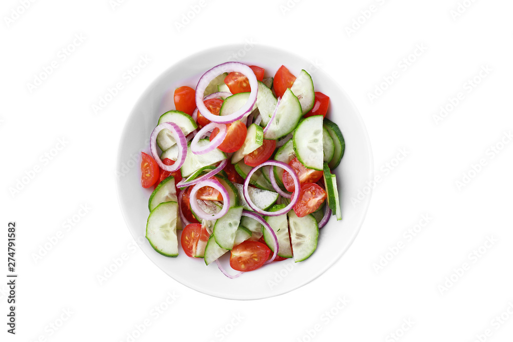 Fresh tasty salad with cucumber in bowl on white background, top view Fresh tasty salad with cucumber in bowl on white background, top view
