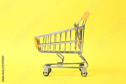 Empty shopping trolley with handle on color background