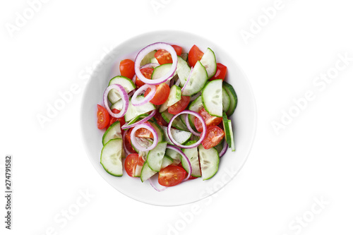 Fresh tasty salad with cucumber in bowl on white background, top view