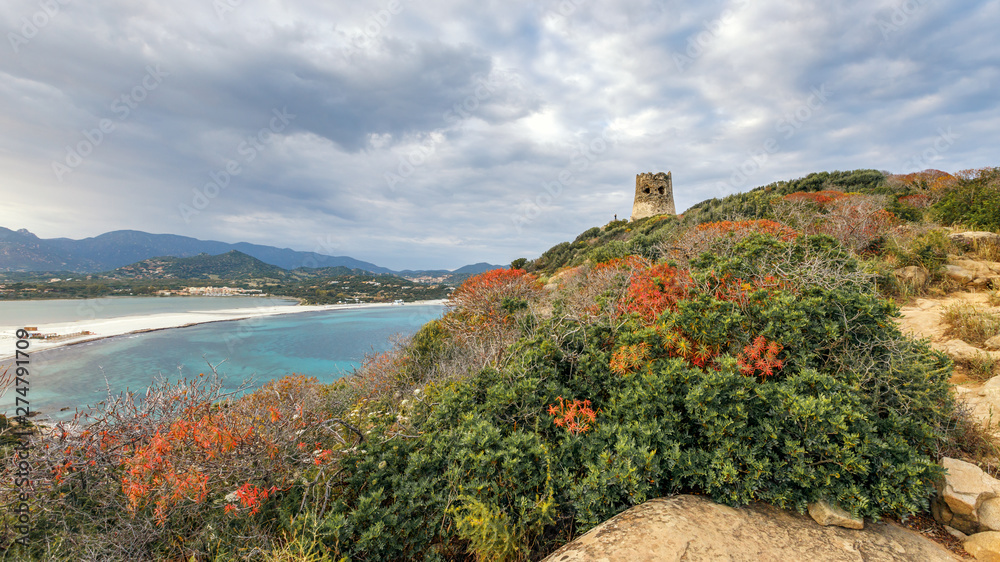 Torre di Porto Giunco Tower and Simius Beach near Villasimius, Sardinia, Italy.