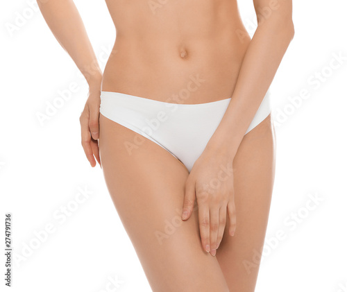 Slim young woman with smooth gentle skin on white background, closeup. Beauty and body care concept