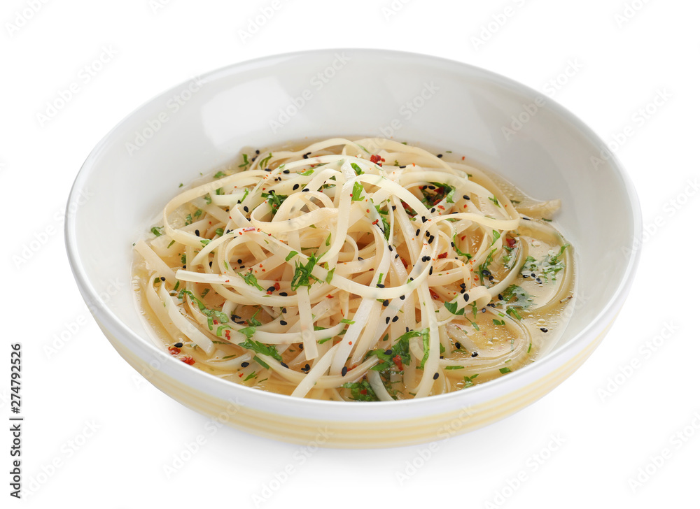 Plate of noodles with broth and herb isolated on white