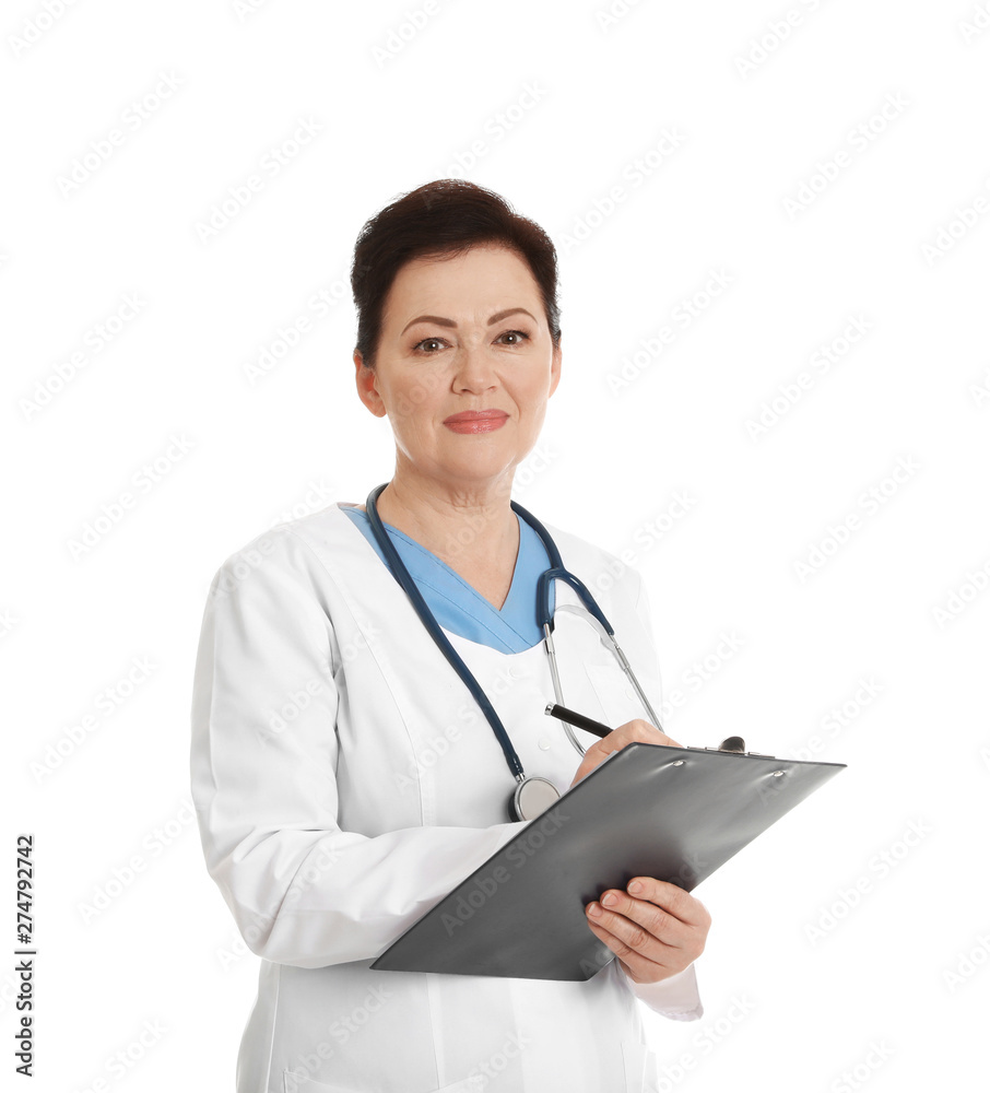 Portrait of female doctor with clipboard isolated on white. Medical staff Portrait of female doctor with clipboard isolated on white. Medical staff