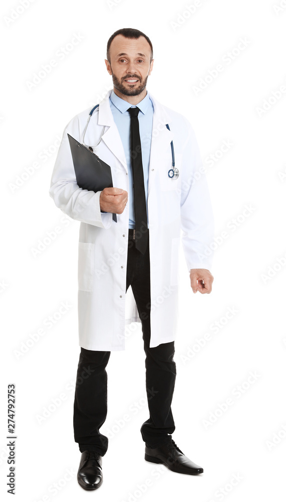 Full length portrait of male doctor with clipboard isolated on white. Medical staff Full length portrait of male doctor with clipboard isolated on white. Medical staff