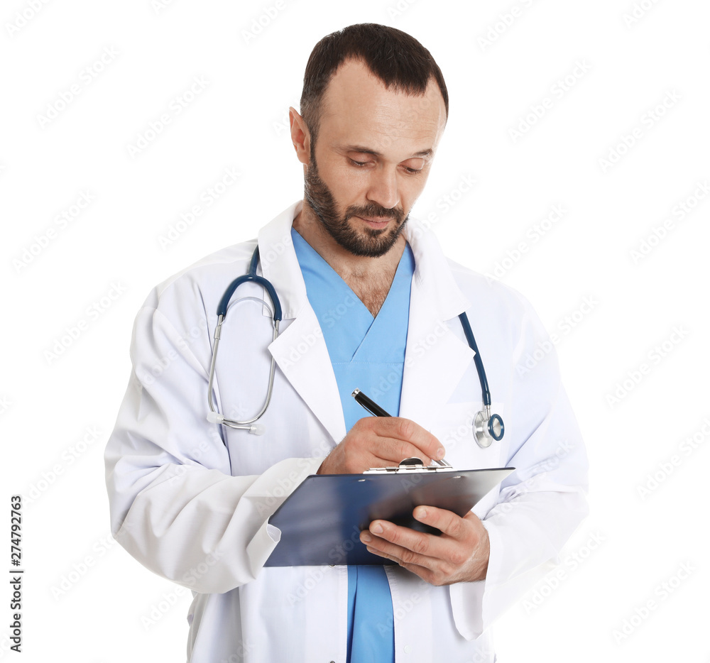Portrait of male doctor with clipboard isolated on white. Medical staff Portrait of male doctor with clipboard isolated on white. Medical staff