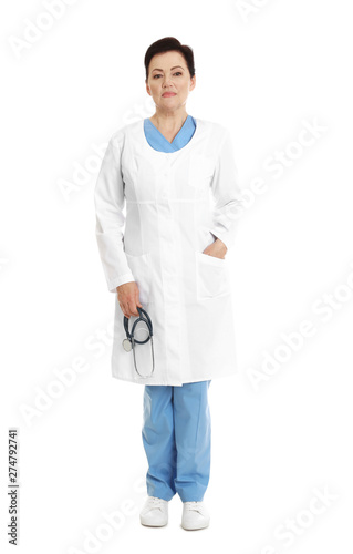 Full length portrait of female doctor isolated on white. Medical staff