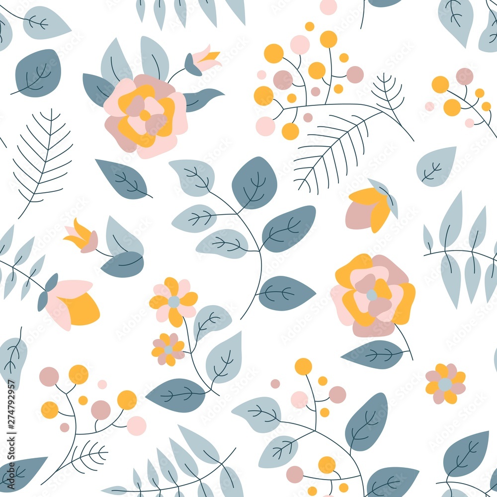 Seamless pattern with flowers and leaves. Vector spring template. Design for paper, cover, fabric, interior decor