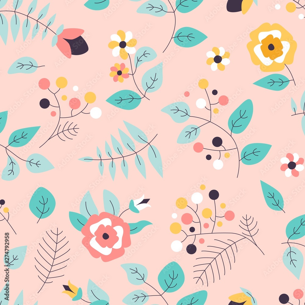 Seamless pattern with flowers and leaves. Vector spring template. Design for paper, cover, fabric, interior decor.
