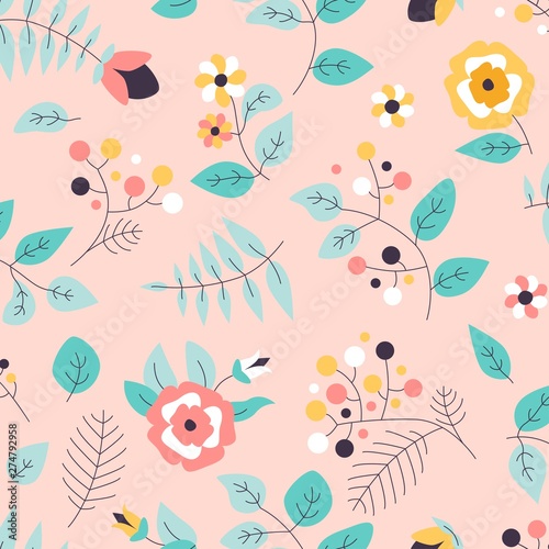 Seamless pattern with flowers and leaves. Vector spring template. Design for paper  cover  fabric  interior decor.