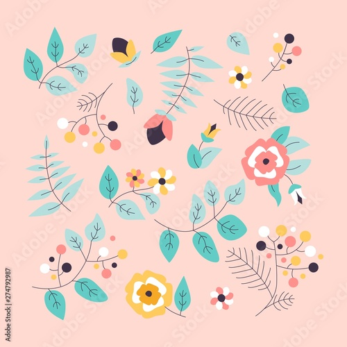 Fototapeta Naklejka Na Ścianę i Meble -  Vector floral set. Colorful floral collection with isolated leafs and flowers. Design for invitation, wedding or greeting cards.