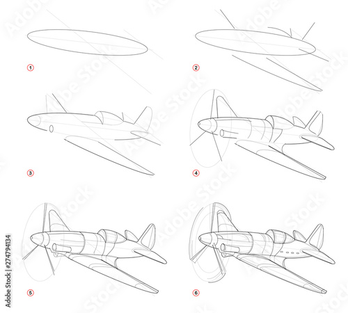 Creation step by step pencil drawing. Page shows how to learn draw sketch of imaginary Military aircraft from Second World War. School textbook for developing artistic skills. Hand-drawn vector image.