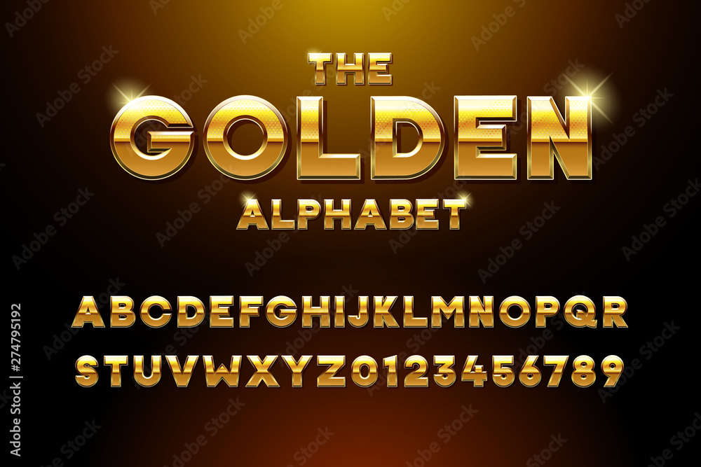 Vector golden glossy three dimensional font effect. Yellow metal typeface withy golden bars and stars inside. Luxury alphabet design for casino, premium business, videogames and other concepts
