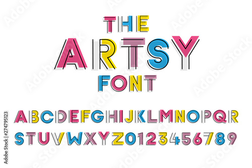 Modern and colorful stylized geometric font. Vector alphabet design with different colors and shape styles. Trendy Outlines and fill colors
