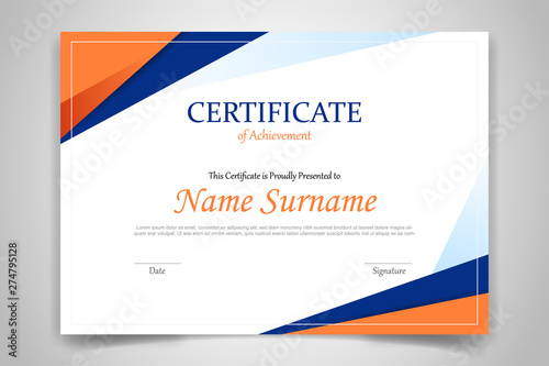 certificate template banner with polygonal geometric shape for print template with orange dark blue and white clean modern - vector photo