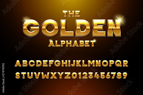 Vector golden glossy three dimensional font effect. Yellow metal typeface withy golden bars and stars inside. Luxury alphabet design for casino, premium business, videogames and other concepts