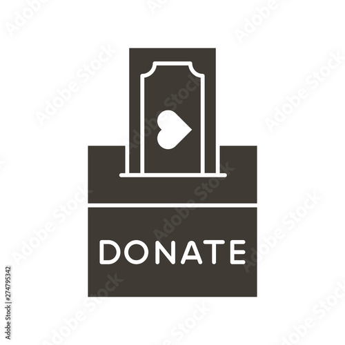 Donation box with a generous offer. Cash bill with an heart, kind money. Vector flat glyph icon illustration. Charity, donation, volunteering, philanthropy, help and kindness concepts.