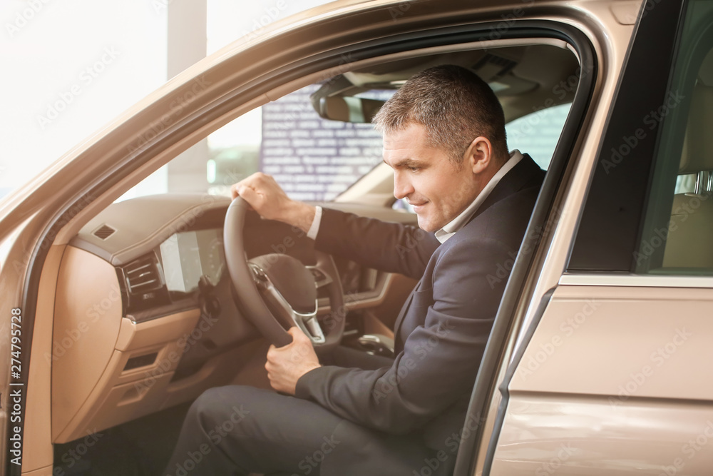 Man choosing new car in salon