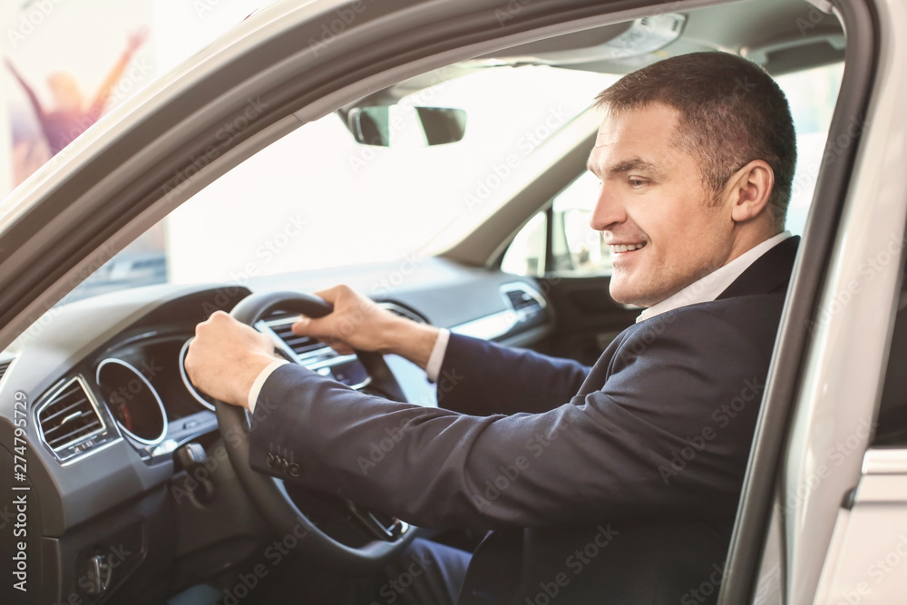 Man choosing new car in salon