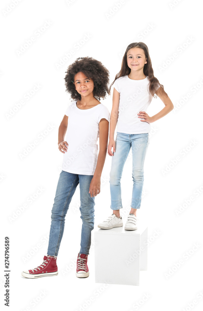 Stylish girls in jeans on white background Stylish girls in jeans on white background