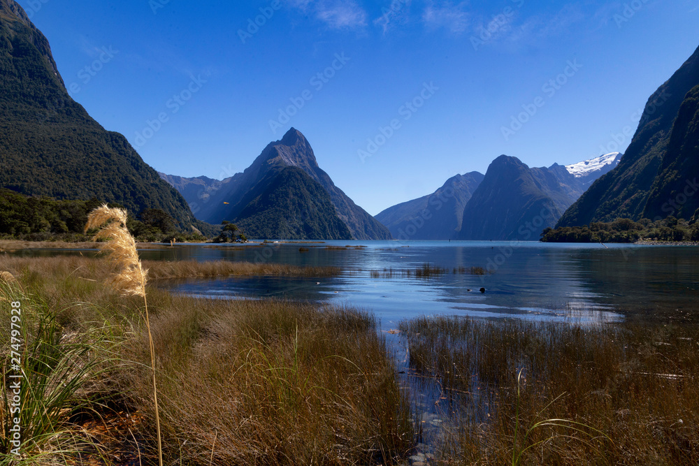 Milford Sound, New Zealand - Mitre Peak is the iconic landmark of Milford Sound in Fiordland National Park. Summer midday.