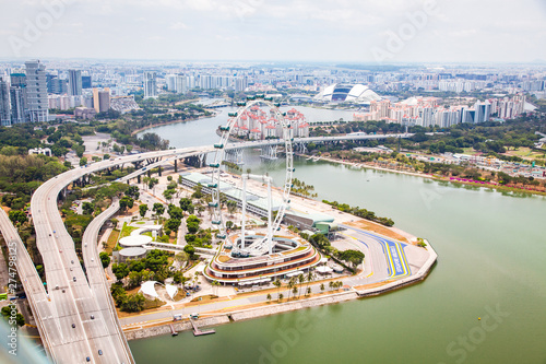 SINGAPORE, SINGAPORE - MARCH 2019: Aerial view over Gardens by the bay and supertree grove
