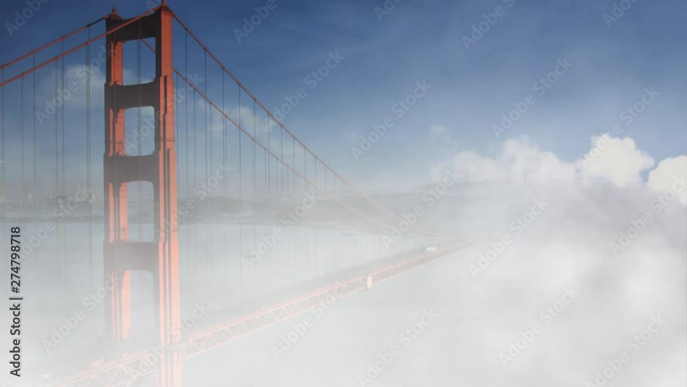 Bridge Over Troubled Fog 4K Loop features a section of the Golden Gate Bridge peeking through clouds and mist in a loop