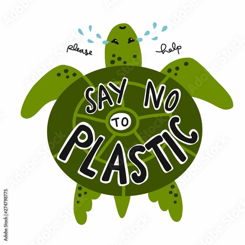 Say no to plastic, sea turtles crying for help cartoon vector illustration doodle style