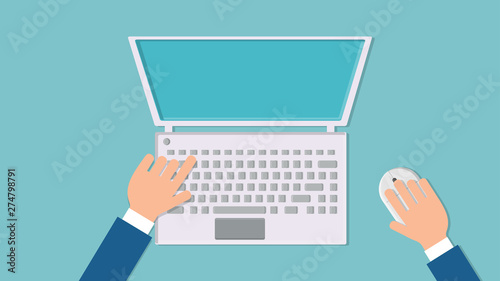 Vector illustration of a man working with his hands on a laptop computer with a mouse and keyboard on a blue background top view, flat lay. Concept: computer digital technologies