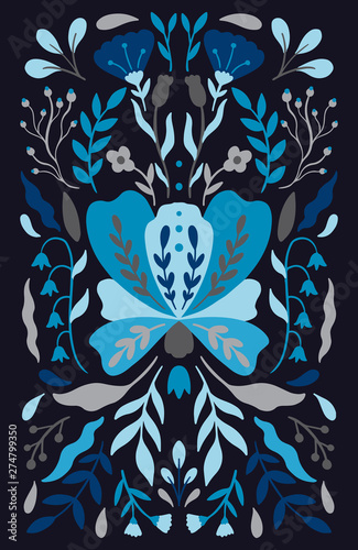 Ethno folk decorative floral ornament. Symmetry specular composition. Drawing abstract ornament.