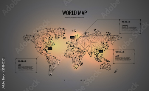 World map. Polygonal wireframe composition. Infografic concept. Abstract illustration isolated on dark background. Particles are connected in a geometric silhouette.