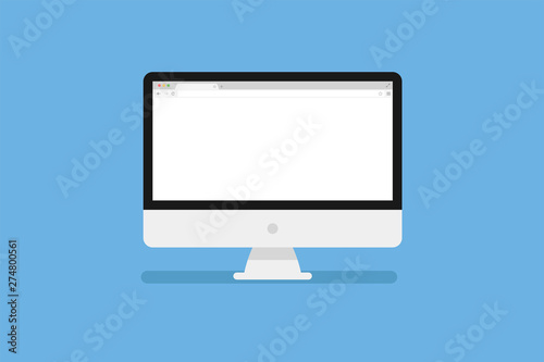 Personal Computer screen with browser window in trendy flat style isolated on blue background with shadow.