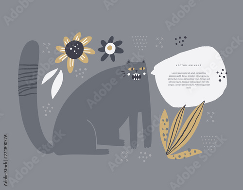 Naughty cat meowing flat hand drawn illustration