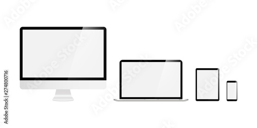 Set of devices on white background. Computer laptop tablet and smartphone with empty screens. Mock up.