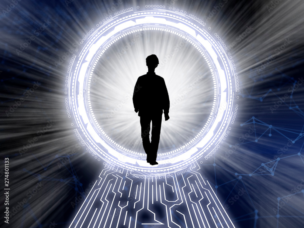 Obraz premium young person shilouette in front of futuristic portal, virtual reality and futuristic technology concepts